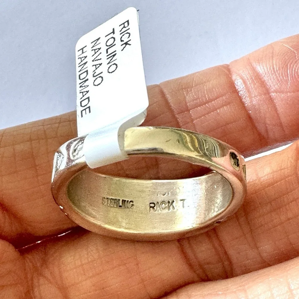 Navajo Wedding Band Sz 12.5 Inlay Ring Opal White Buffalo 10mm Mens Signed Tolin